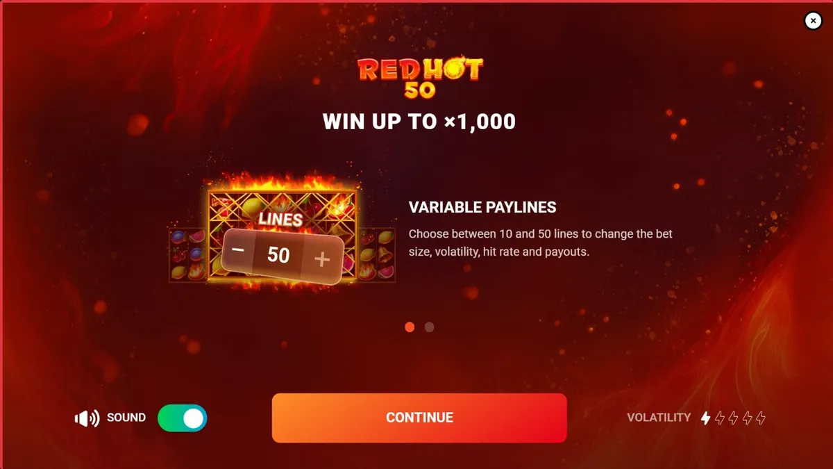 Tampilan visual slot Red Hot 50 dengan tema buah dan api